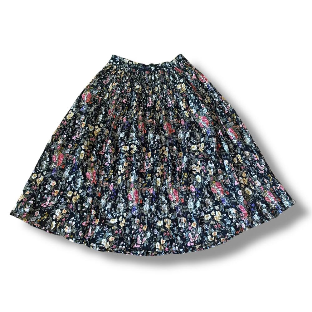 Vintage 90s Dark Floral Flowing Midi Skirt Black Cotton Elastic Waist Cotton